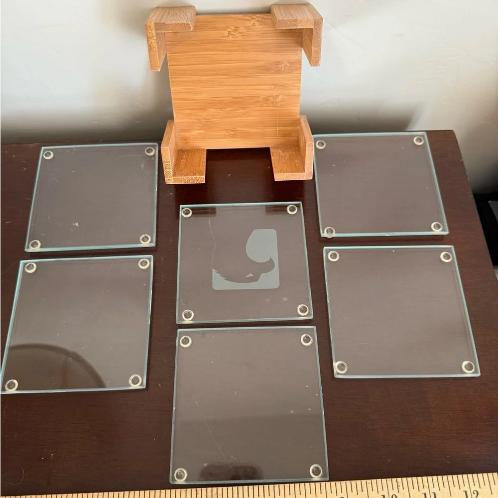BAMBOO Glass set of 6 COASTER‎ SET by crystal & clocks 4”x4”